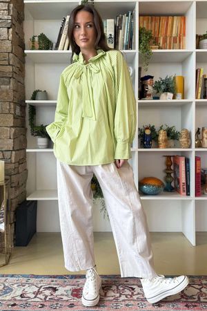 Zeta Otto Pinstripe Pussy Bow Blouse Lime